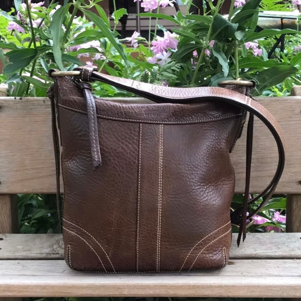 Coach Brown Pebbled Leather Cross Body Duffel Bag